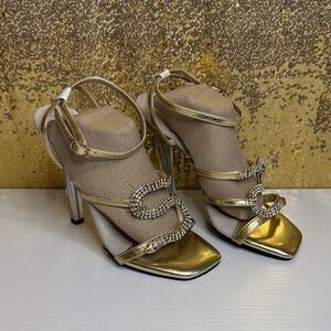 Ellie E-508 Chantel heel strap sandals in Gold with snake rhinestone decor